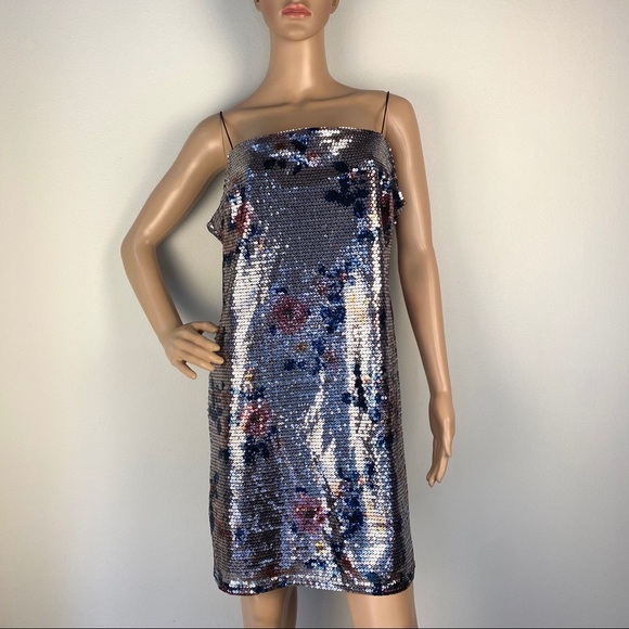 NEW TOPSHOP SILVER SEQUIN FLORAL MINI DRESS - Picture 2 of 8